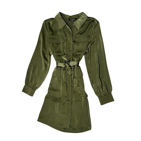 Strut & Bolt Dresses & Skirts - Olive Green Satin Long Sleeve Zip Tie Dress Size Small